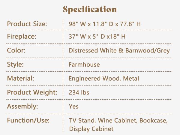 [Ships in 3 Boxes] [Spring Sale] AMERLIFE 98in Farmhouse Wall Unit TV Stand with 36" Fireplace, Bookshelves, Wine Cabinet, Fits 78" TVs, Entertainment Center with Power Outlets & Drawers, Media Console, Living Room/Best Gift Ideas/Christmas Gifts