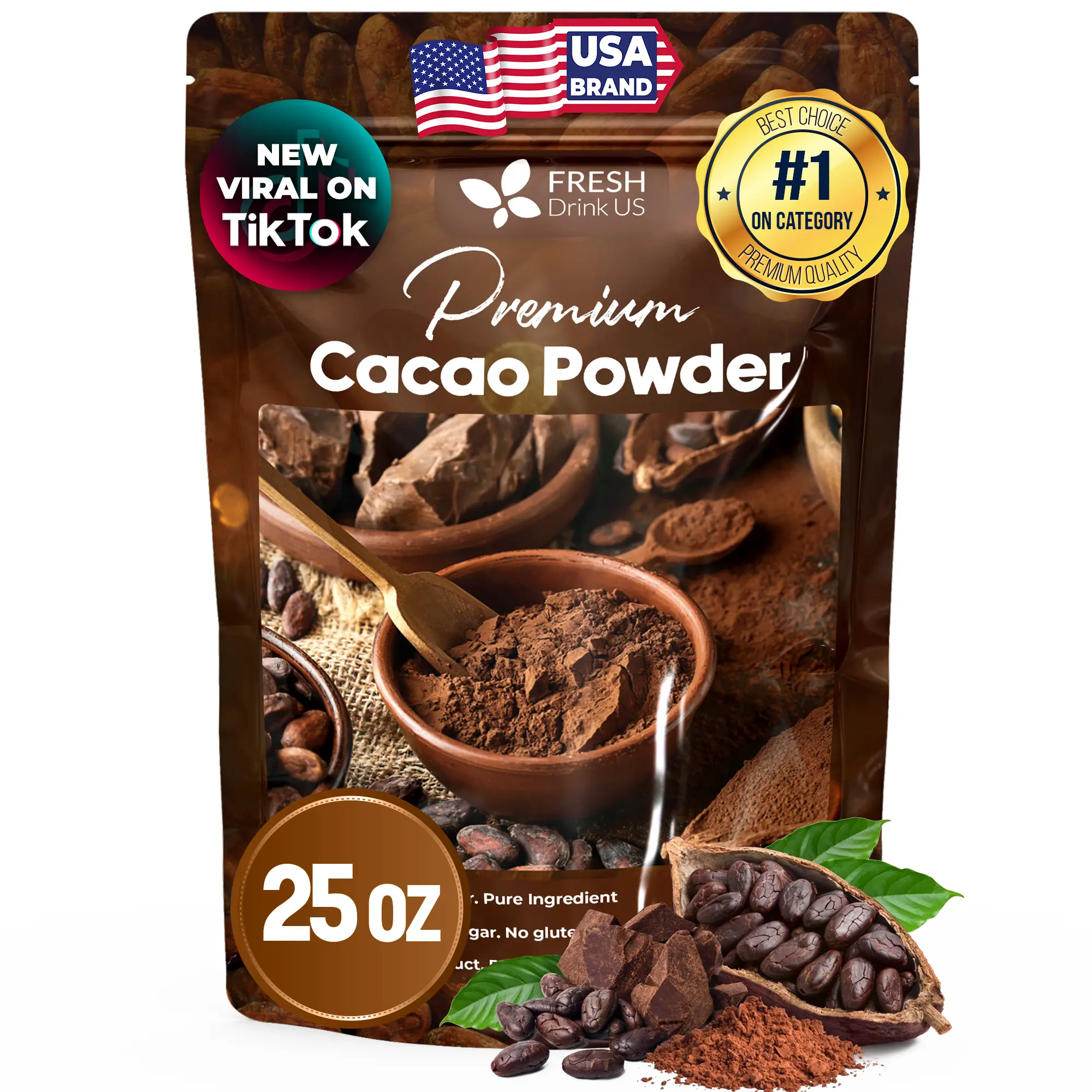 【FreshDrinkUS】 Cacao Powder, 100% Natural & Pure Cacao Powder, Unsweetened Cacao Powder, Rich Chocolate Flavor, Perfect for Baking & Smoothies, Non-GMO, Gluten-Free, Chocolate Beverage