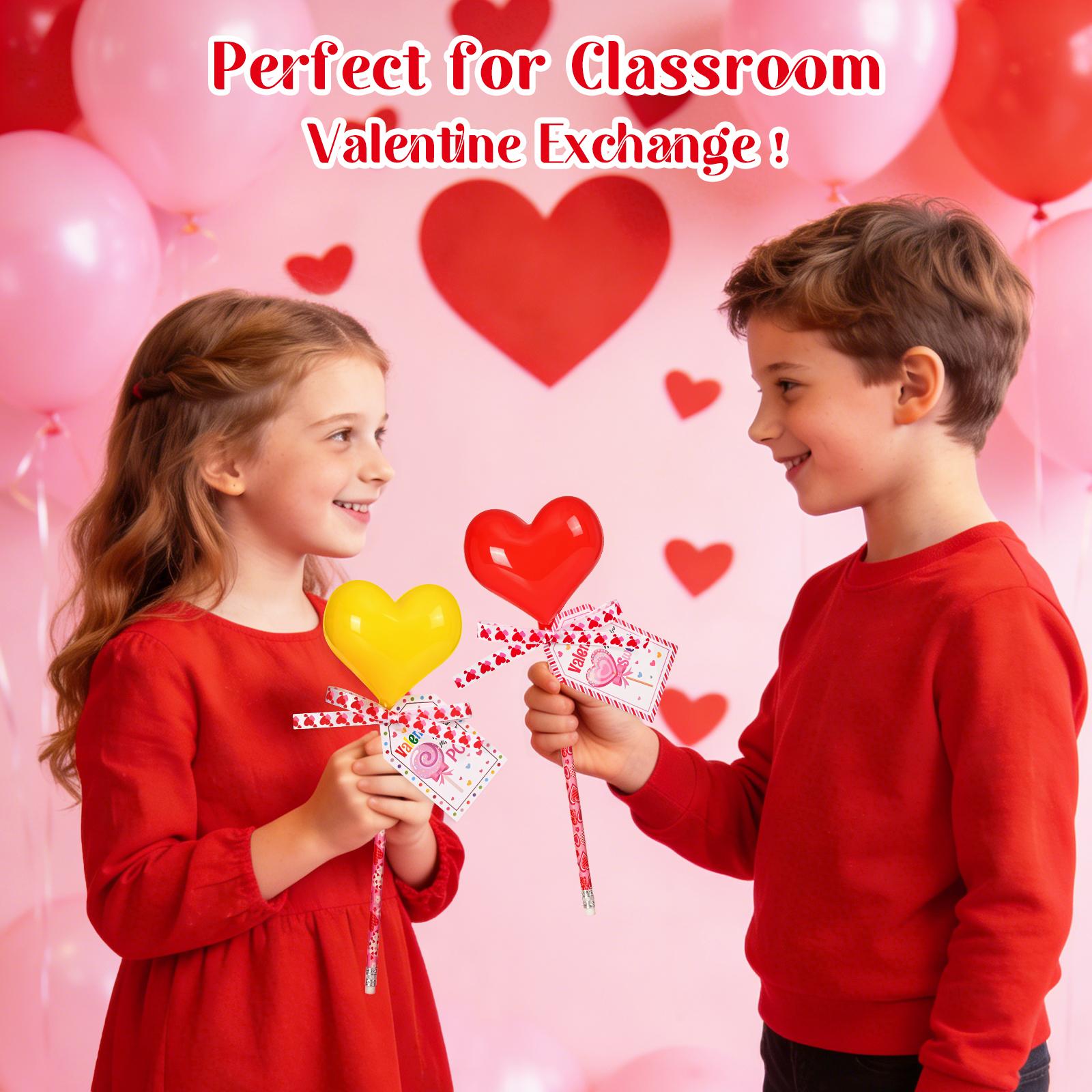 30 Pack Valentines Day Gifts for Kids - Glowing Heart Lollipop-Shaped Stationery Set with Valentine's Cards for School Classroom Class Party Favor Classroom School Exchange Birthday Party Gift