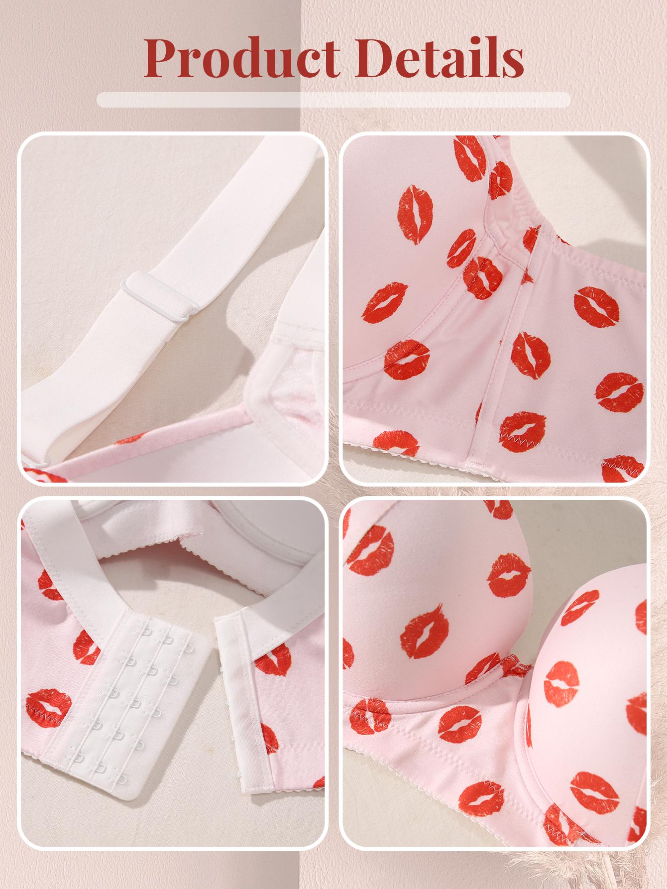 Mimilemon Valentine's Day Plus Size Push Up bra Cute Polyester Kiss Print Comfortable Stylish Womenswear Everyday Bra comfortable tiktokshopblackfriday pushup  bea Underwire Unlined Fit Pink