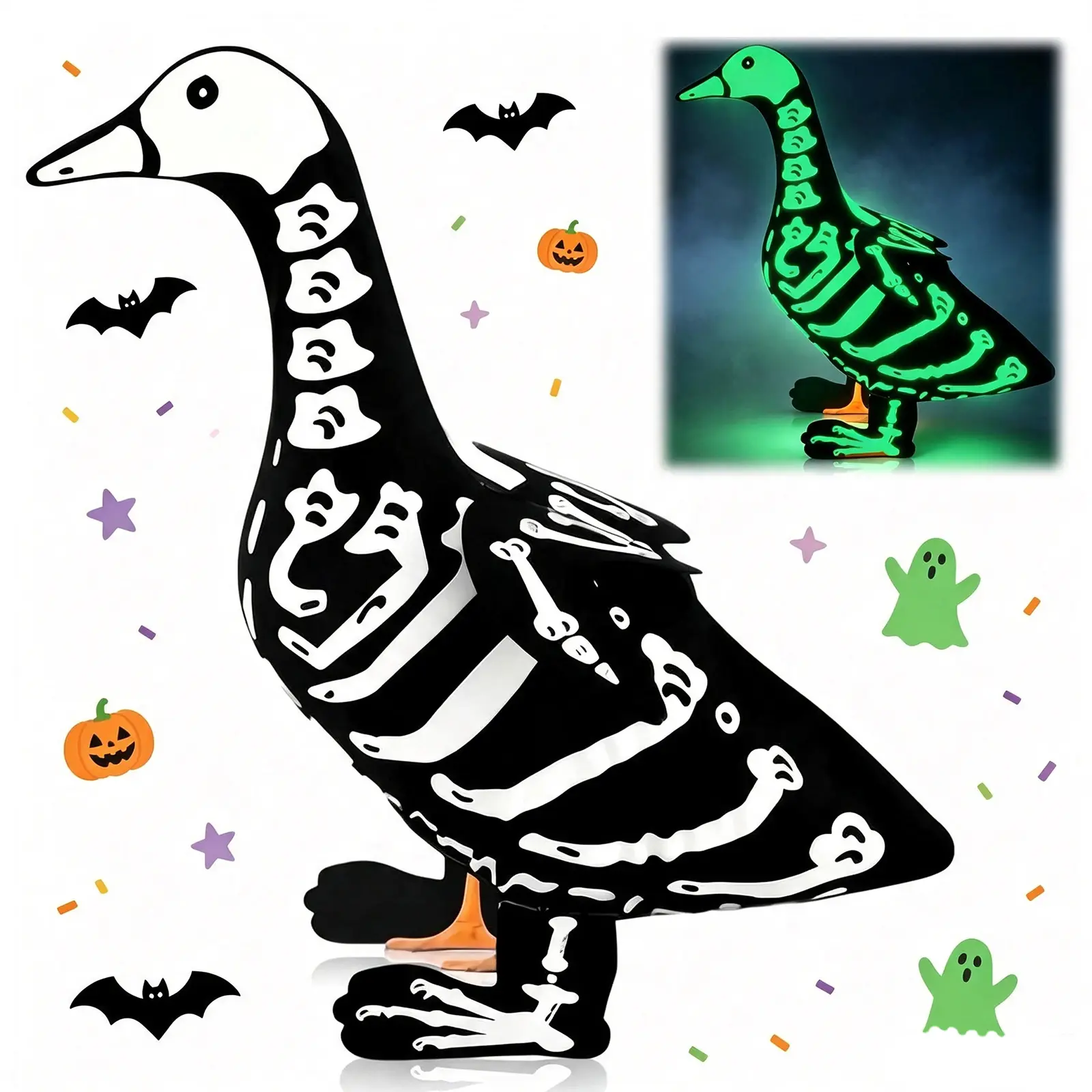 Women's Spooky Snug-Fit Thick Polyester Sleeveless Luminous Full-Body Skeleton Halloween Goose Costume - Glow-in-the-Dark All-Seasons Accessory for 23'' Cement Porch Goose Statue, Outdoor Patio Yard Decor