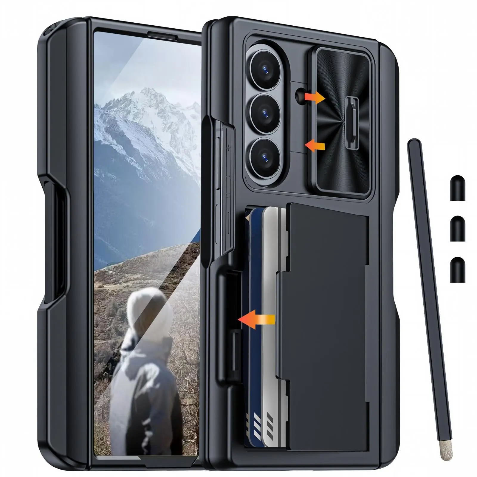 BSNRM Phone Case Accessories for Samsung Galaxy Z Fold 8 Ultra/Z Fold 7, with Stylus Pen, RFID Blocking Wallet, Card Holder, Built-in Pen Holder, Camera Slide Cover, Kickstand