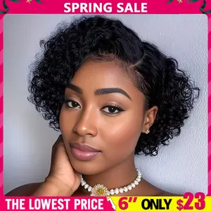 【Wholesale 2-3-5pcs】 Short Curly Layered Human Hair Wig 13x1 T Part Lace Pixie Cut Wig Black Color