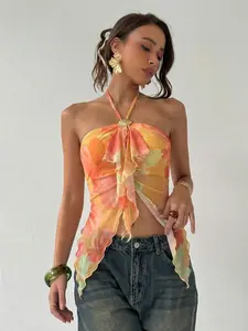 VYNCE Women's Casual Vacation Summer Halter Tie Back Crop Top, Summer Beach Vacation Boho Tropical Rave Festival Country Concert Ibiza Nashville Western Wear Boho Streetwear Tropical Gyaru Cute Top Vacation Vacation Outfits Women Holiday Outfits For Wom