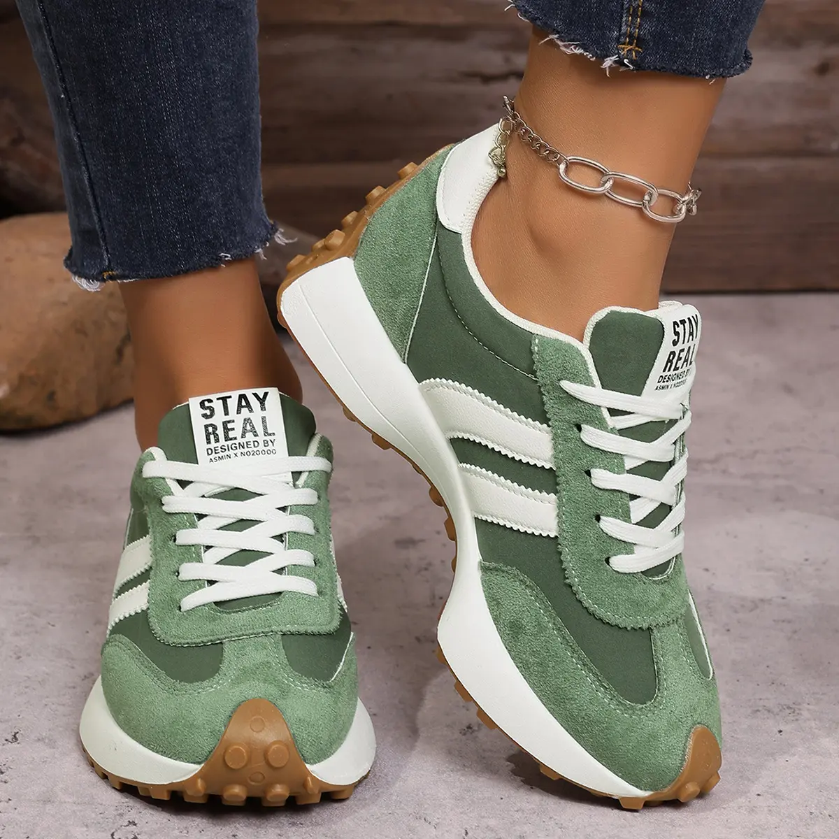 OFIREND Women's Retro Color Block Stripe Suede Platform Trainers - Shock-Absorb Gum Rubber Non-Slip Lace-Up Sneakers, All-Seasons Streetwear Casual Shoes for Campus Travel, Off Campus, Casual Sporty Trainers, Thick Soled Trainers