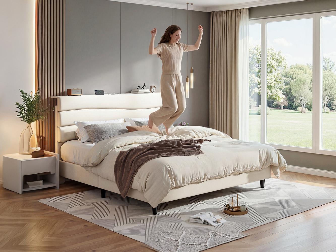 【The First Best Bed For Teens】Raybee Bed Frame Upholstered Headboard Height Adjustable Wavy Line Top Storage Shelf & USB Type-C Charging Noise-Free,Easy Assemble & Clean,Qeen Beige,Cream,Gray,King,Full 【The First Best Bed For Teens】Raybee Bed Frame Upholstered Headboard Height Adjustable Wavy Line Top Storage Shelf & USB Type-C Charging Noise-Free,Easy Assemble & Clean,Qeen Beige,Cream,Gray,King,Full