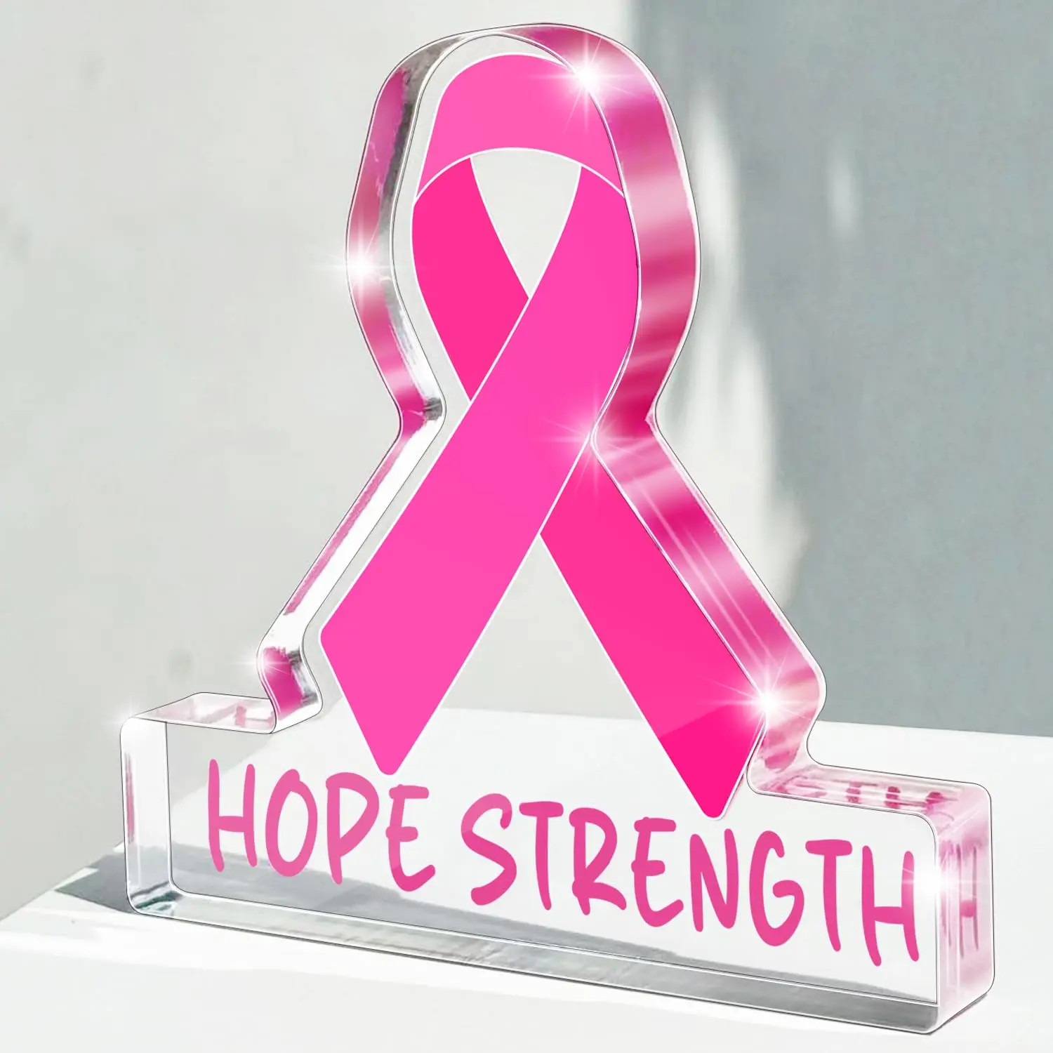 Ribbon Breast Cancer Awareness Sign, Acrylic Plaque Sign, Acrylic Signage Plaque, Acrylic Desktop Sign, Acrylic Desk Decor, Survivor Support Gift, 10x10cm, Ideal for Chemotherapy Rooms & Offices