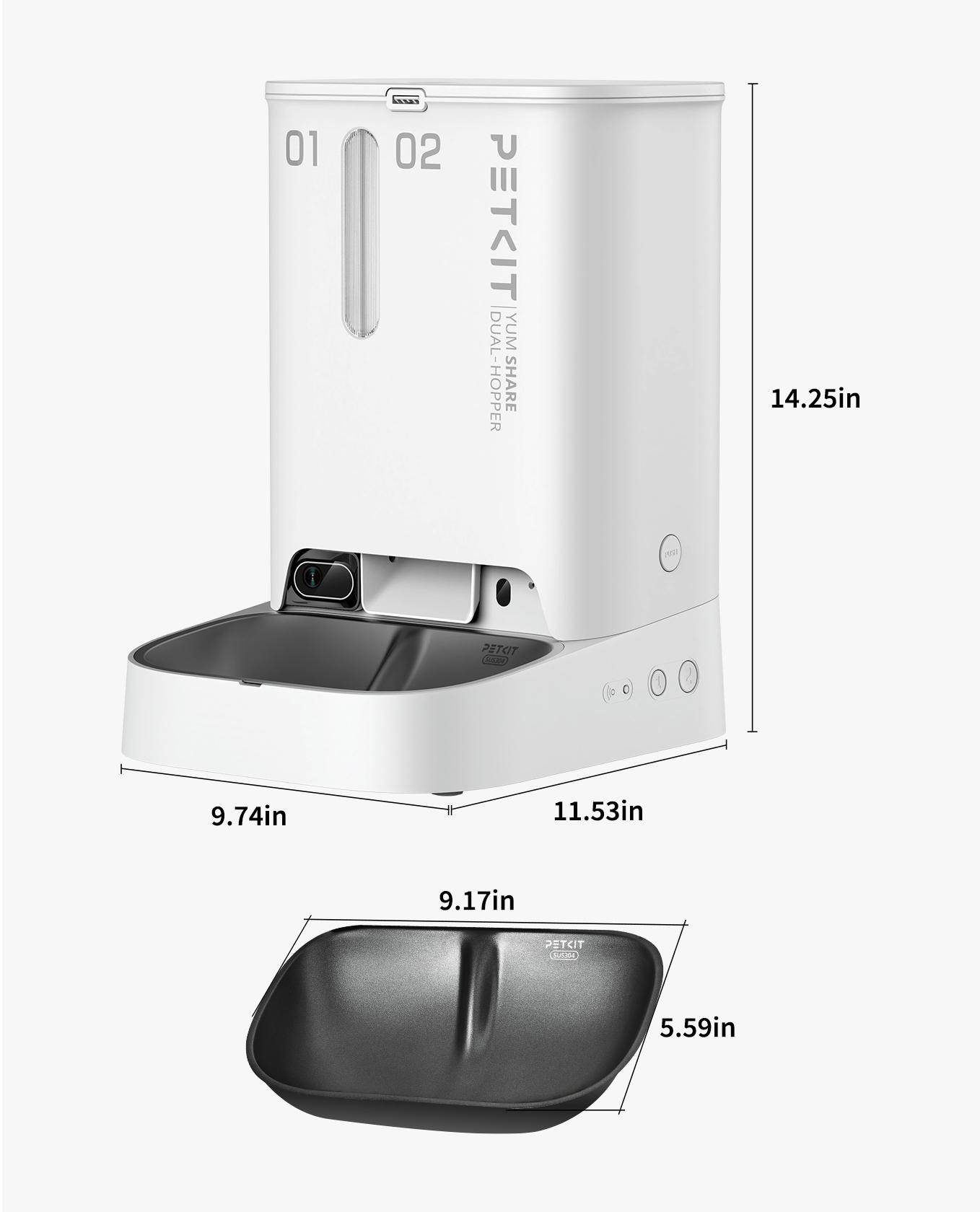 PETKIT YumShare Dual Hopper-2 Automatic Smart Feeder with Camera, White, 1080P HD Video, Night Vision, Double Hopper Pet Dry Food Dispenser for Cats and Dogs, Anti-Stick Bowl, and Smart App Control bowl/dish