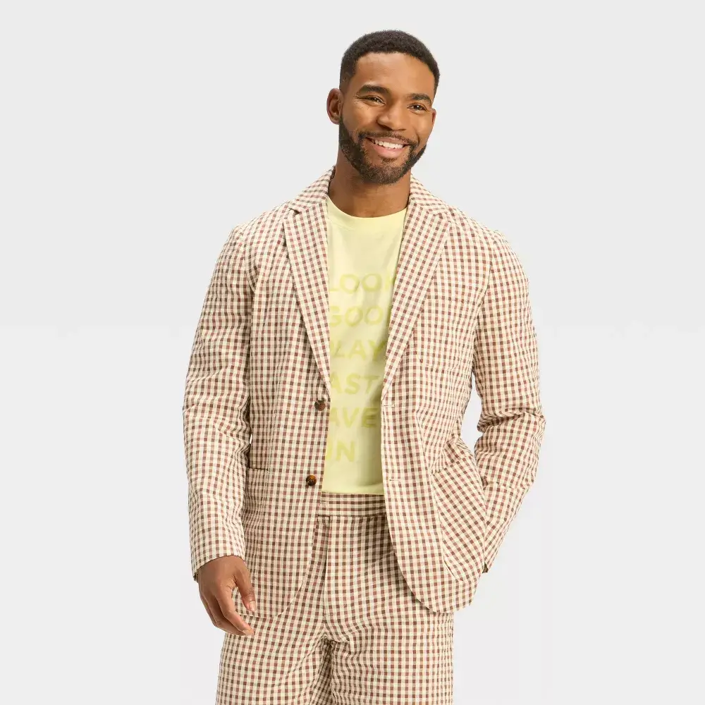 Houston White Men's Regular Cotton Seersucker Suit Jacket - Formal-Casual Outerwear with Button Closure, 3 Patch Pockets, No Cuff, Below Waist Design, Heart Accent, Ideal for Interviews, Matching Pants, Men's Tops