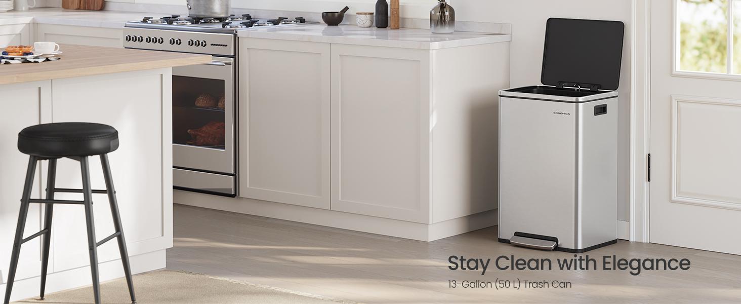 SONGMICS Trash Can, 13-Gallon Gabbage Can, with 15 Trash Bags, Stainless Steel, with Soft-Close Lid, Removable Inner Bucket, Handles