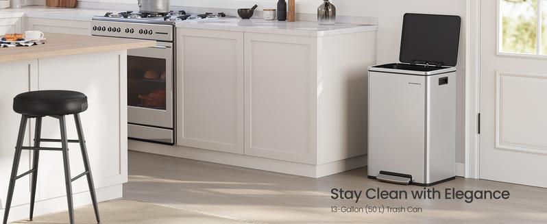 SONGMICS Trash Can, 13-Gallon Gabbage Can, with 15 Trash Bags, Stainless Steel, with Soft-Close Lid, Removable Inner Bucket, Handles