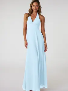 Azazie Tessie A-Line Halter V-Neck Pleated Empire Bridesmaid Wedding Guest Formal Dress