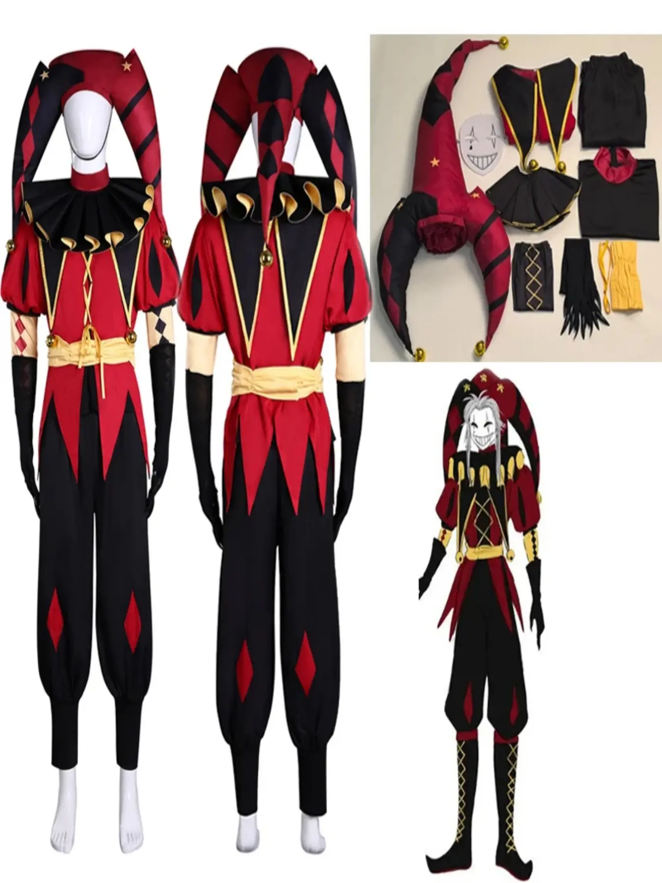 Pierrot Clown Baggy Costume Full Set Freak Circus Halloween Cosplay Festive Outfit Men Women Unisex Carnival Jester Suit with Mask Pierrot Costumes
