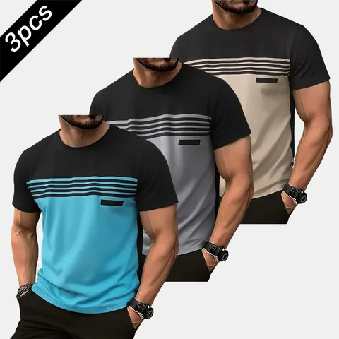 Men's 3-Pack Streetwear Color-Block Striped Short-Sleeve Stylish T-Shirt, Patchwork Top - Ideal for Skateboarding, Store Hopping