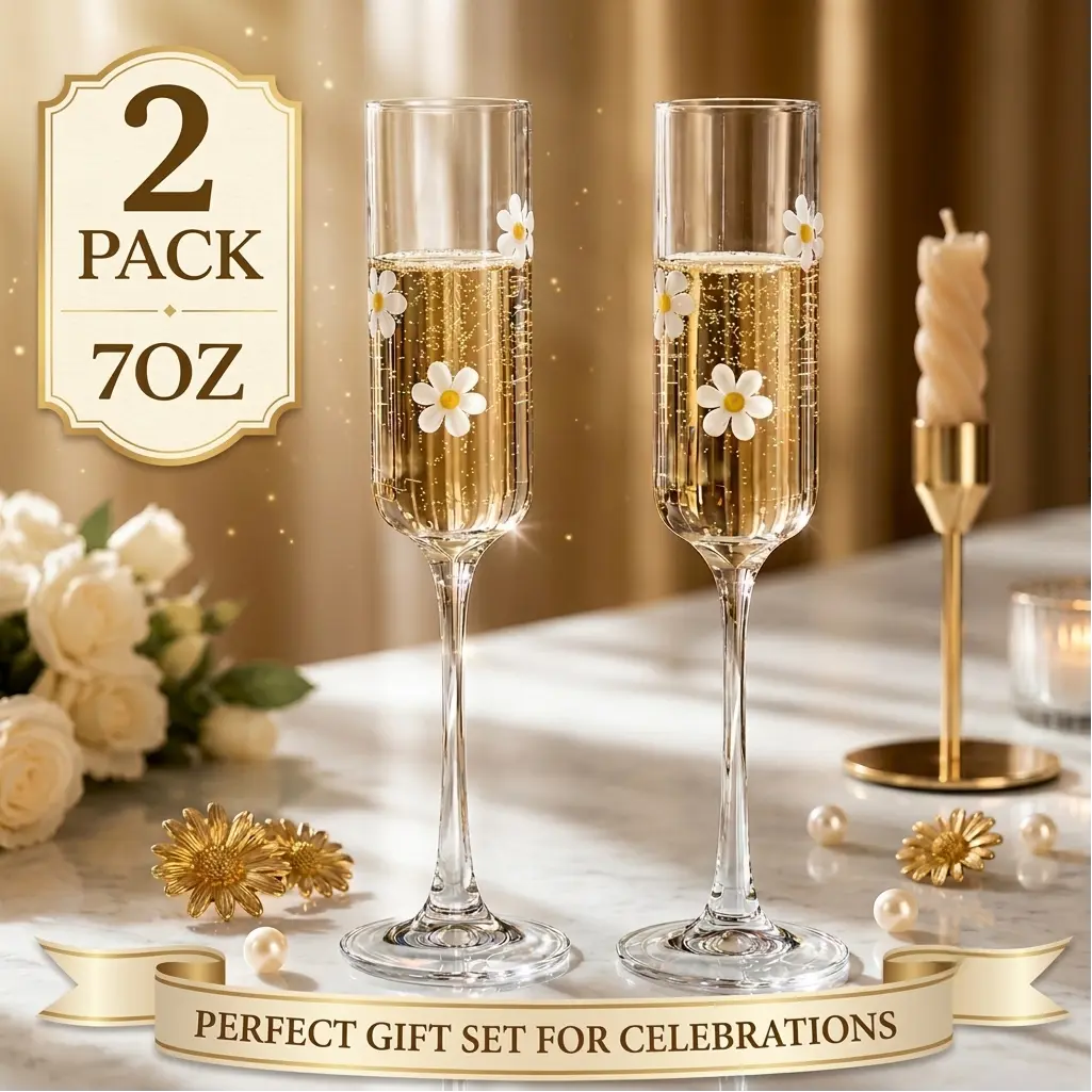 2 Pack 7oz Daisy Champagne Glasses, High Borosilicate Glass Flutes with Flower Design, Elegant Stemmed Wine Glasses for Champagne, Cocktails, Drinks, Wedding Party, Birthday, Anniversary, Home Bar Decor, Gifts for Women #TikTokShopSummerSale