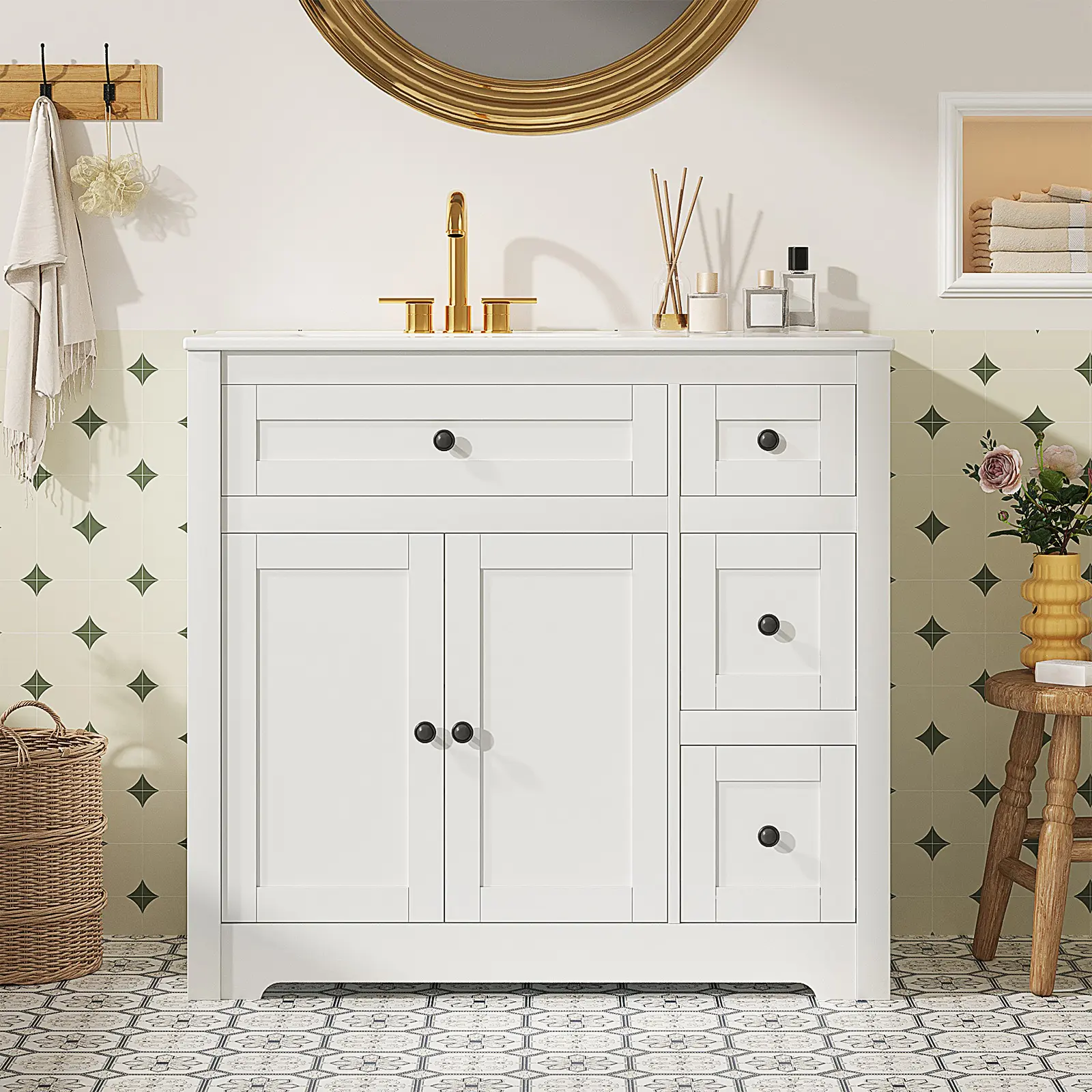 Bathroom Vanity With Sink – 1 Door 4 Drawer Storage & Soft Close Hinges – Modern Freestanding Vanity For Bathroom Remodel