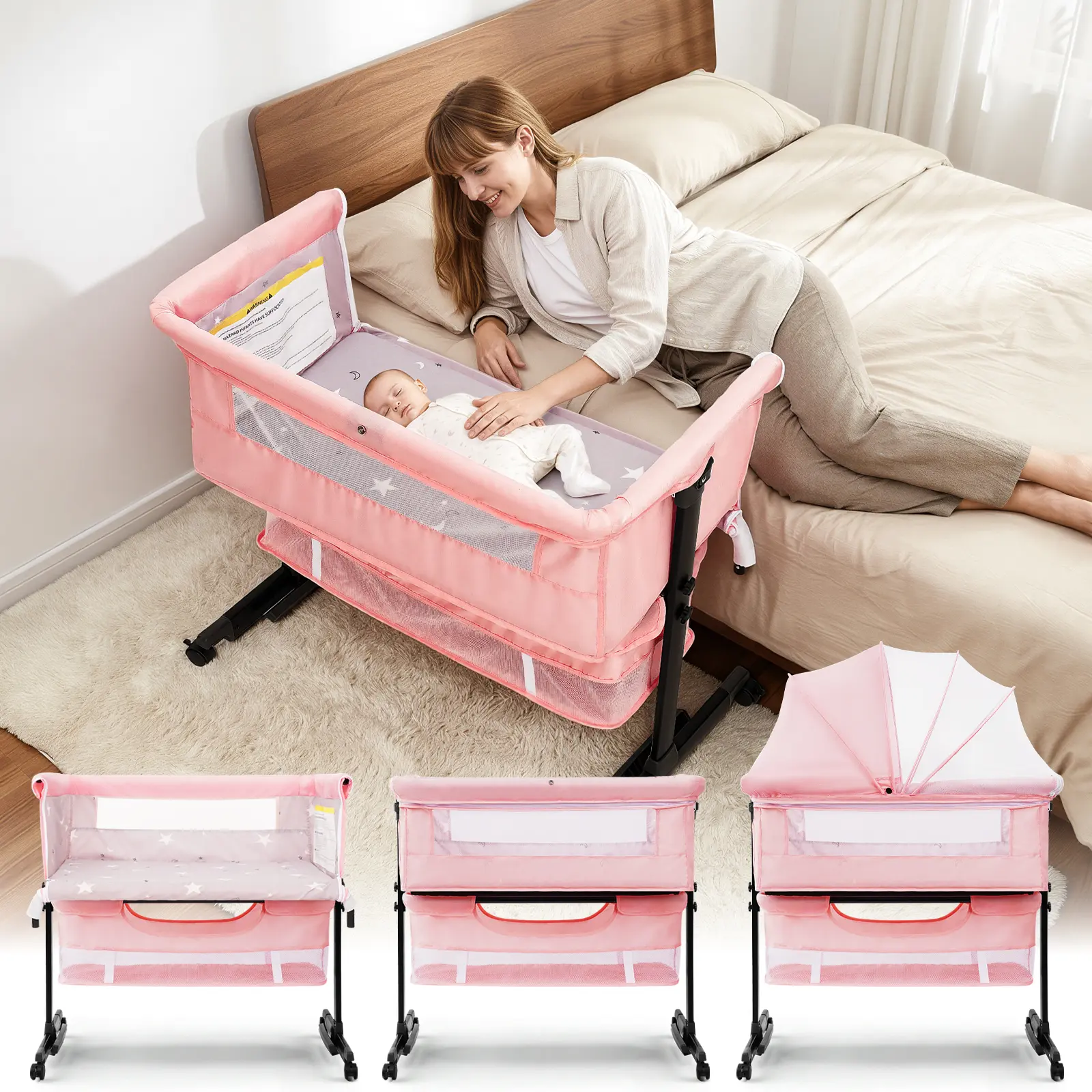 Baby Bassinet, Baby Basinet Bedside Sleeper, Easy to FoldPortable Crib Side Bassinet 2026 new Style Girl/boybassinets, bedside bassinet,Dark Gray Folding Sleeping Cot,backtoschool, glowup