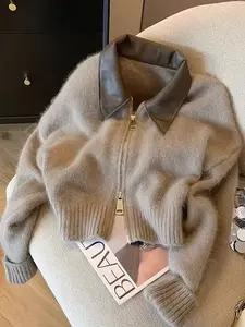 Patchwork Zipper Cropped Cardigan Women 400g Thick Autumn Knitted Sweater Bomber Jacket Vintage 2000s Short Fitted Knitwear Coat