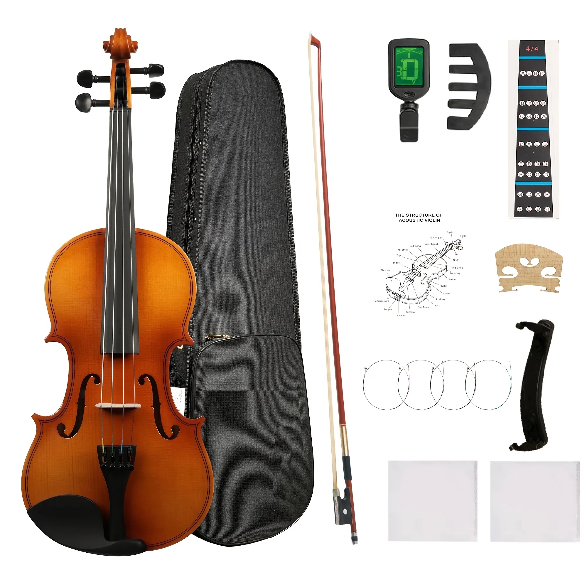 Adult Beginner Violin Set: 4/4 Matte Beginner Violin Kit, Acoustic Violin with Hard Case, Solid-Wood Handmade Starter Kit Equipped with A Bow, A Shoulder Rest, A Violin Cleaning Cloth, Extra Strings, Etc