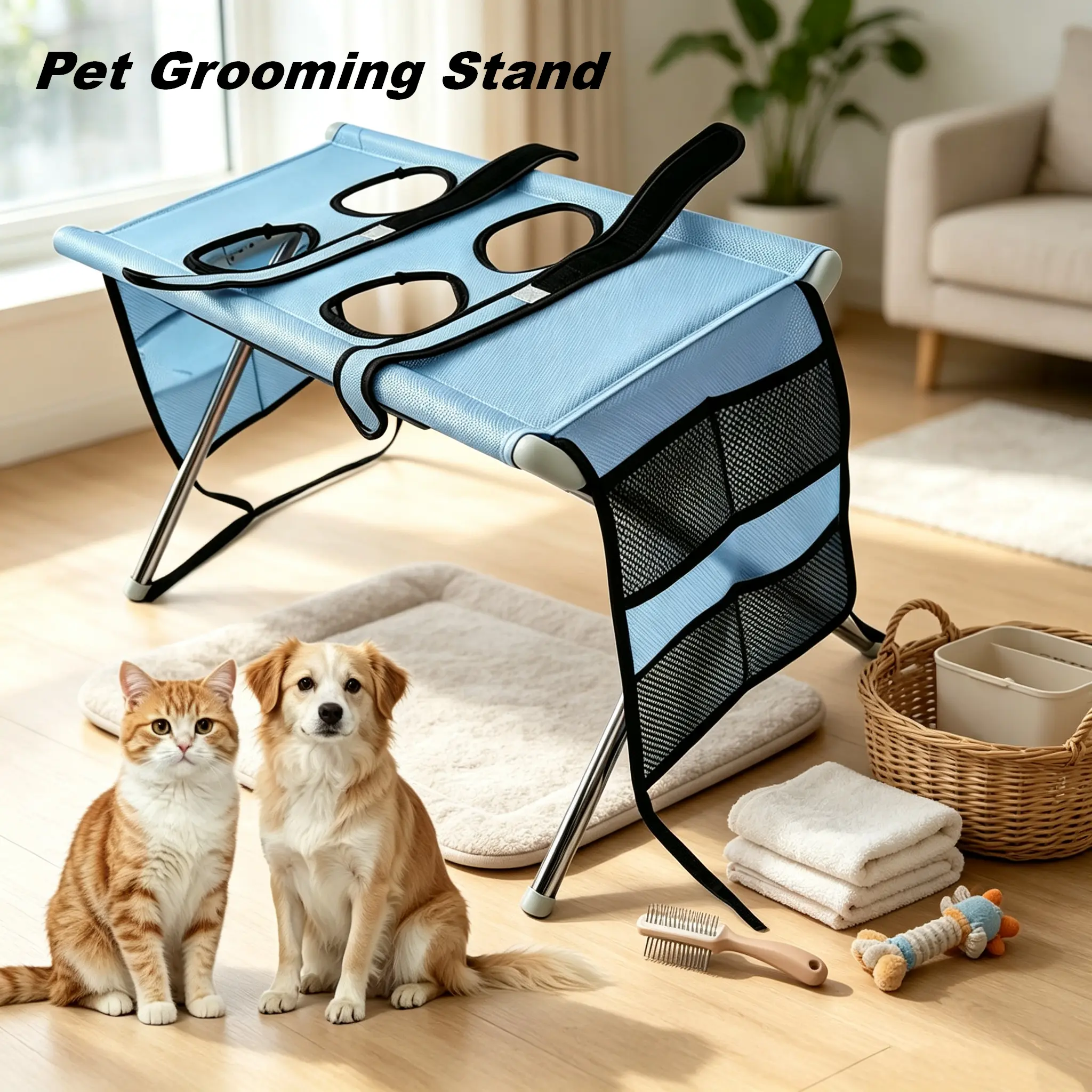 Stainless Steel Foldable Cat Grooming Stand - Secure Fixing Straps, Side Tool Storage Pocket, Breathable Wear-Resistant Mesh Top, Easy Assembly & Folding for Space Saving, Fits Small-Large Cats, Multiple Stylish Colors (Ideal for Bathing, Hair Trimming)