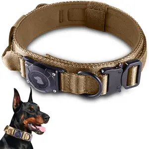2026 Upgrade Waterproof AirTag Dog Collar Khaki L Military Tactical with AirTag Holder Comfortable Control Handle Metal Buckle GPS Holder for Medium to Large Dogs - Leather