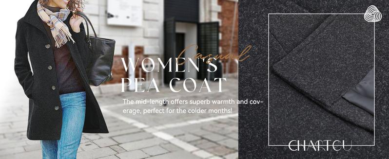 Ebossy Women's Classic Midi Pea Coat Windproof Wool Blend Stand Collar Single Breasted Fitted Winter Outerwear Jacket for Daily Wear & Outdoor Activities