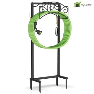 Garden Hose Holder, Water Hose Holder Stand with 4 Spikes Holds 150ft, Heavy Duty Metal Hose Organizer, Freestanding Hose Rack for Outside Yard Lawn Farm, Black
