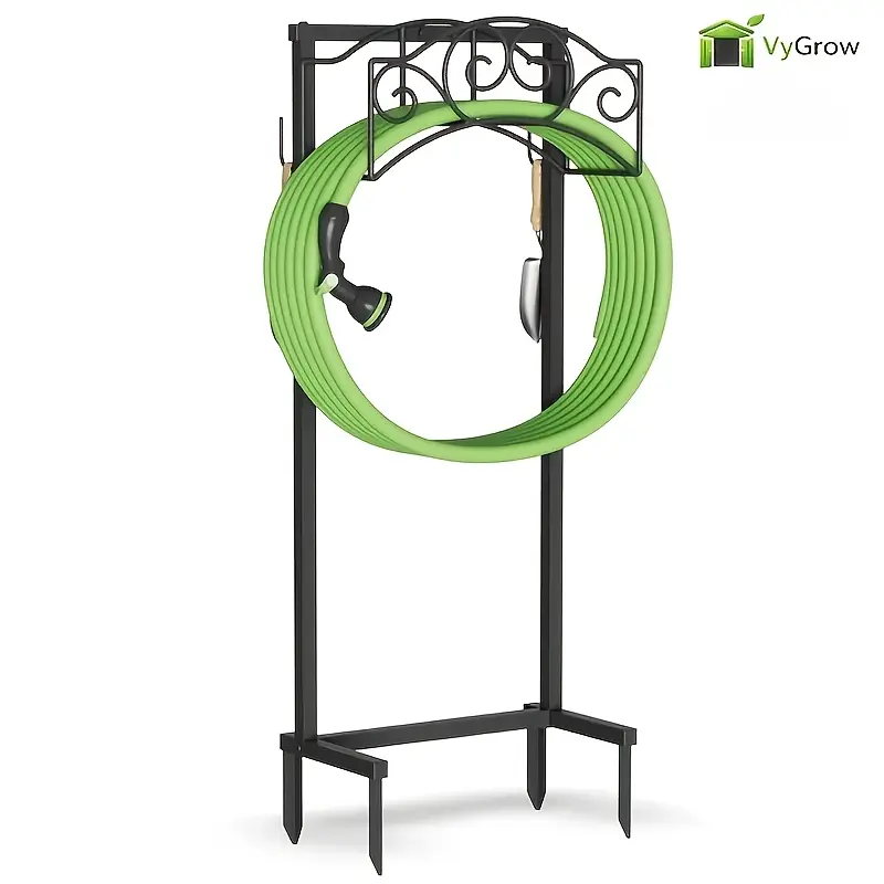 Heavy Duty Metal Garden Hose Holder (Holds 150 ft) - Freestanding Water Hose Stand for Garden Tools, Black with Stable 4-Spike Base