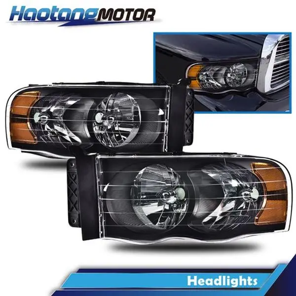 CROSSDESIGN Black Housing Aftermarket Truck Headlight Assemblies - 9007 High/Low Beam, Left & Right Set, Plug-and-Play Upgraded Kit for 02-05 Dodge Ram 1500/2500/3500, Weather-Resistant Bulbs, Chrome & Headlight Bulb Lighting Components, Truck Headlight W