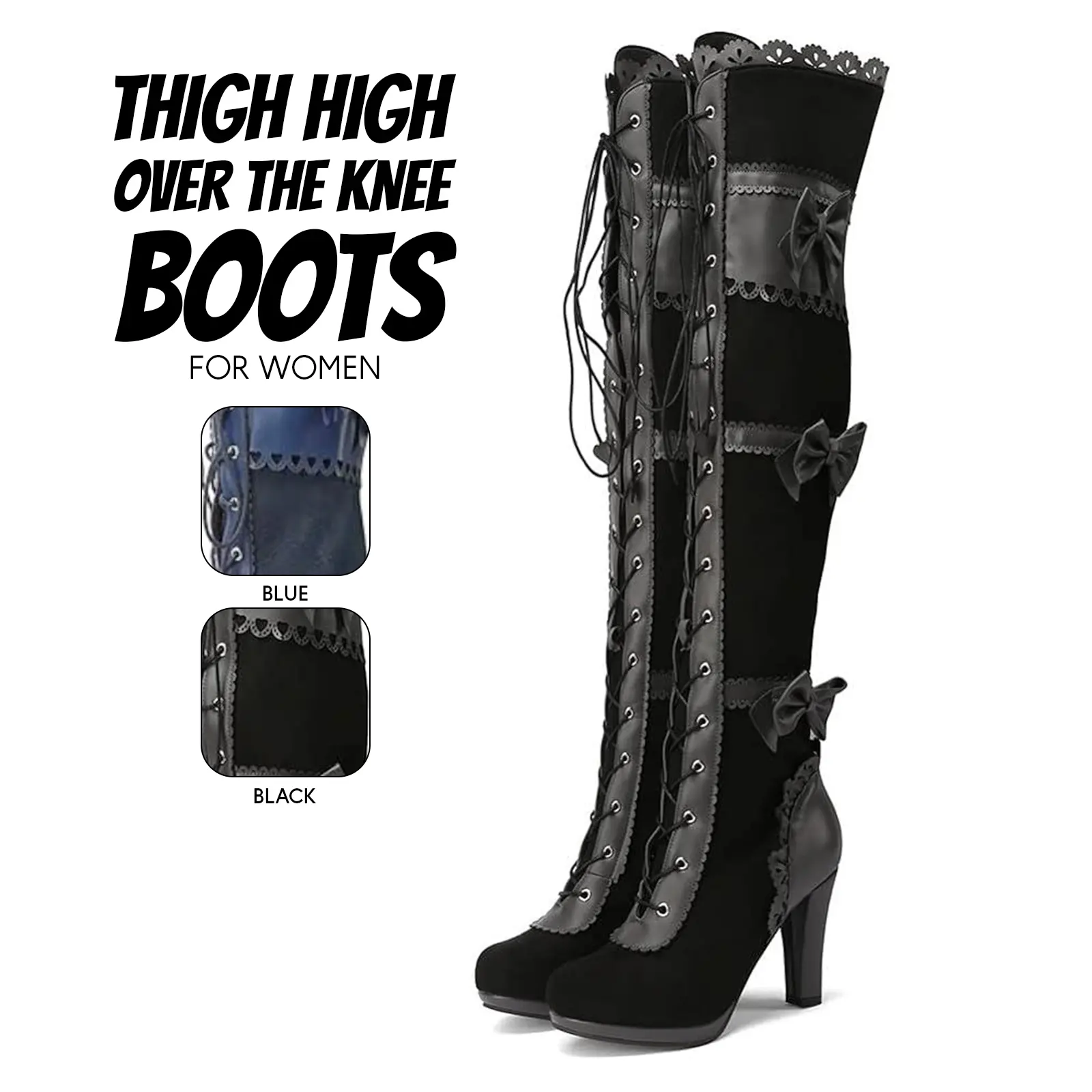 Thigh High Over The Knee Boots Women Chunky High Heel Steampunk Gothic Victorian Style Lace Up Boots Easy Pull on Bow Detail Party Wedding Elegant Long Tall Dressy Shoes