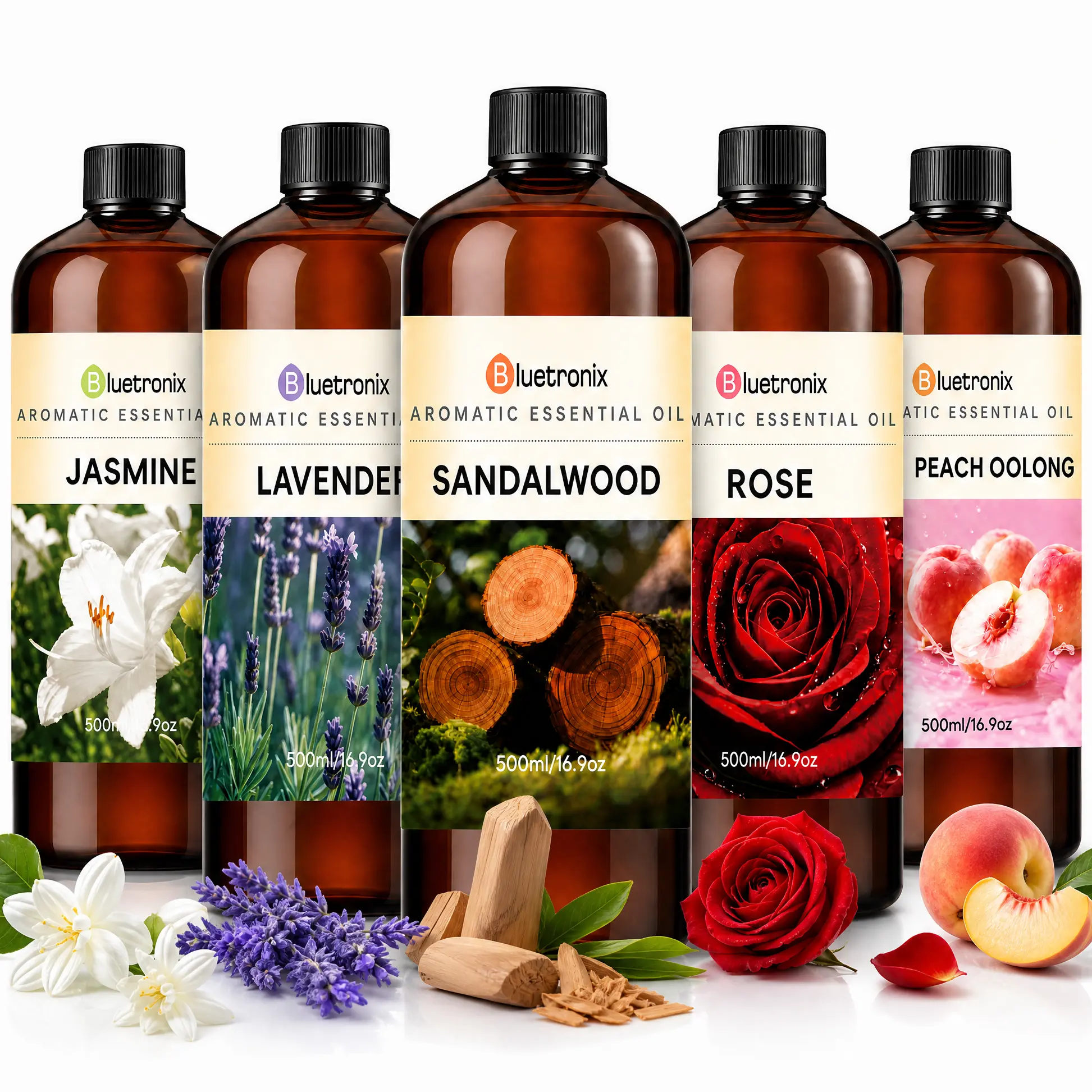 500/16.9oz Waterless Scented Oil Refill, Cherry Blossom, Jasmine, Lavender, Rose, Sandalwood, White Peach Oolong, Long-Lasting Multi-Scent Large Capacity Concentrated for Home, Bedroom, Office, Hotel, Car and Club, Free Pour Spout Cap Included