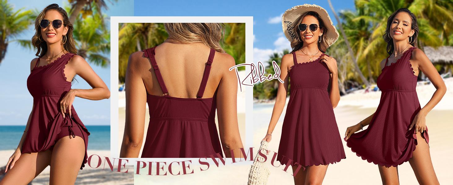 Charmo Ribbed One Shoulder Swim Dress Scalloped Tummy Control Swimsuits for Women Swimwear Built-in Side Tie and Briefs Charmo Ribbed One Shoulder Swim Dress Scalloped Tummy Control Swimsuits for Women Swimwear Built-in Side Tie and Briefs