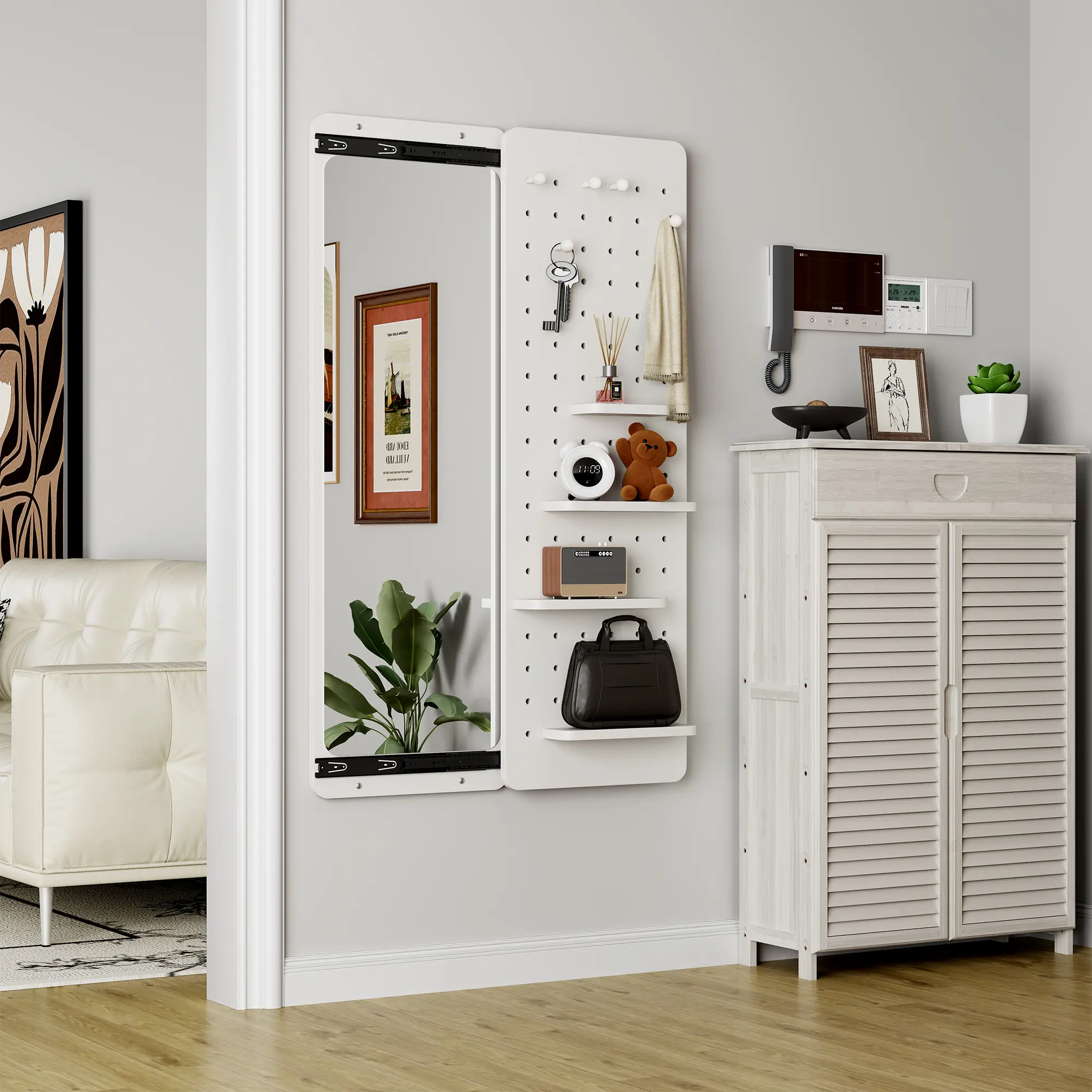 Modern Wall-Mounted Full-Length Mirror with Shelves, 47.6x15.7 Inch, Space-Saving Sliding Panels, Multi-functional Display Rack, Entryway Bedroom Living Room Decor, Easy DIY Installation, Rubber Wood Frame