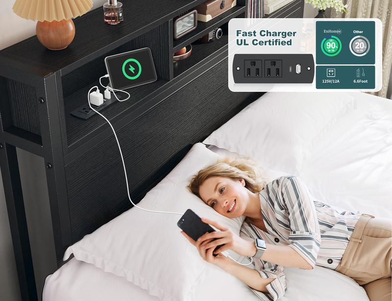 Raybee 6 Drawers Wood Bed Frames for King Queen Full, Luxury Platform Bed Frame with Storage Head Board & Build-in Power Outlet, Holds up to 1000lbs with Metal Frame & Slats, Noise Free, Space Saving for Bedroom