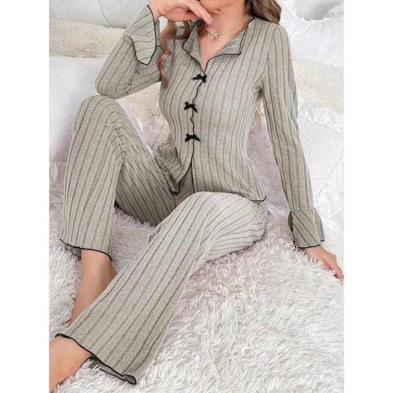 Women's Solid Lettuce Trim Top & Pants Loungewear Two-Piece Set, Casual Comfy Long Sleeve V Neck Top & Trousers PJ Set, Ladies Sleepwear for All Seasons Women's Solid Lettuce Trim Top & Pants Loungewear Two-Piece Set, Casual Comfy Long Sleeve V Neck Top & Trousers PJ Set, Ladies Sleepwear for All Seasons