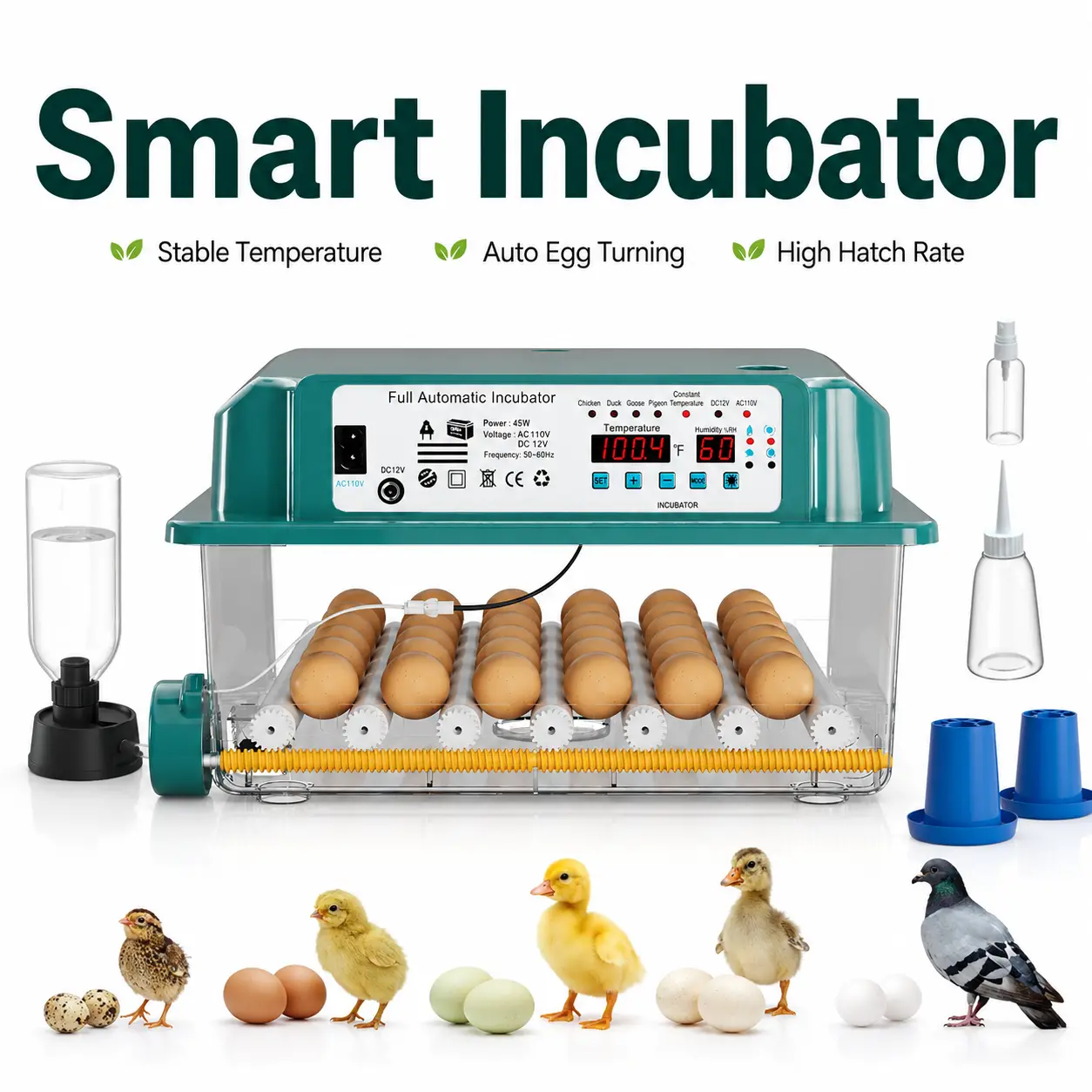36-Egg Professional Fully Automatic Poultry Incubator for Chicken, Goose Hatching - 360° Auto Egg Turning, Intelligent Stable Temp Control, Dual 110V AC-12V DC Power Supply, ABS Plastic, Universal Adjustable Spacing