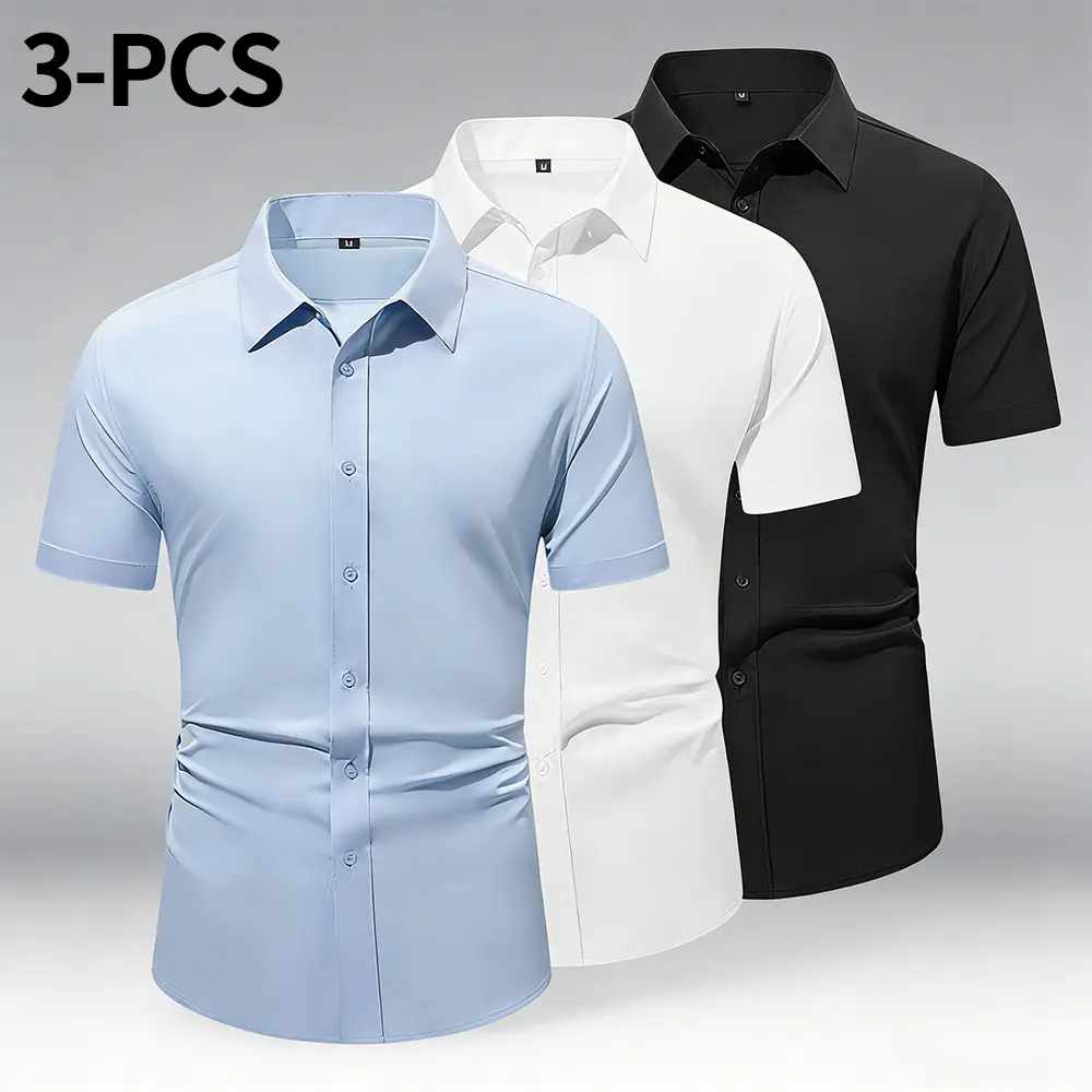 3-Pack Men’s minimalist short-sleeve shirt, solid color design, suitable for everyday commuting and casual wear