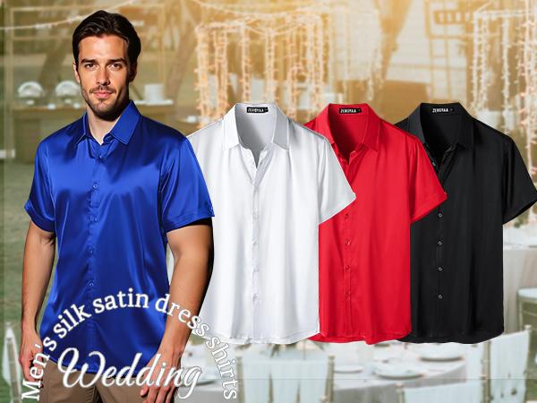 ZEROYAA Men's Hipster Shiny Silk Satin Shirt Regular Fit Short Sleeve Casual Button Down Dress Shirts for Summer Party ZEROYAA Men's Hipster Shiny Silk Satin Shirt Regular Fit Short Sleeve Casual Button Down Dress Shirts for Summer Party
