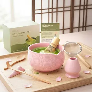 Matcha Whisk Set 7 PCS, Complete Matcha Tea Kit with Matcha Bowl with Spout, Bamboo Whisk with Holder, Scoop, Sifter and Rest, Japanese Matcha Tea Making Set (Sakura Pink)