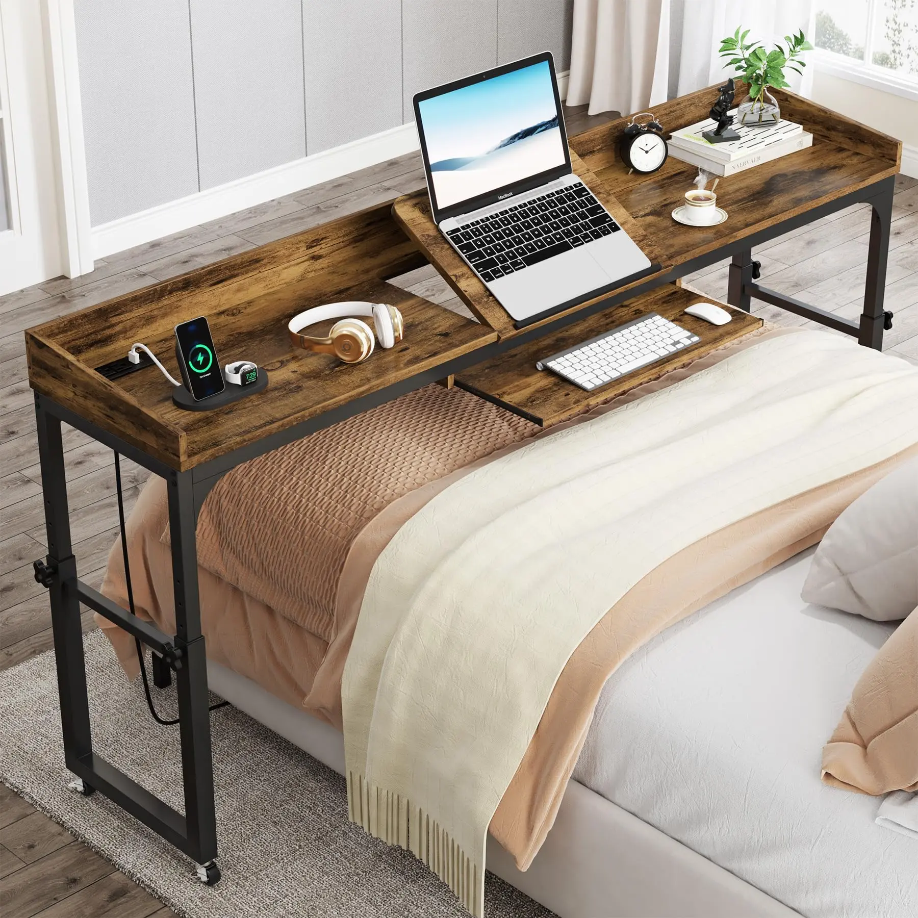Tribesigns Height Adjustable Overbed Table with Wheels, Queen Size Mobile Over Bed Desk with Adjustable Tilt Stand, Outlets & USB Ports for Home and Hospital