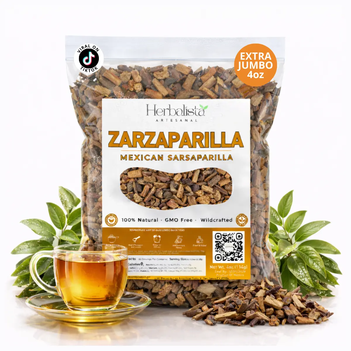 Herbalista Mexican Zarzaparrilla Herbal Tea - Sarsaparilla Root Loose Leaf Botanical Infusion, Premium Cut, 4 oz (113 g) Traditional Herb, 100% Natural, Vegan, Non-GMO, Caffeine-Free