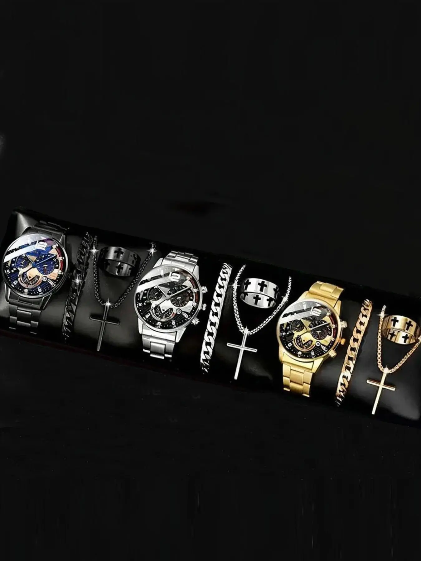 Men's 3-piece/set luxury alloy quartz watch with calendar paired with 9-piece/set bracelet necklace ring set