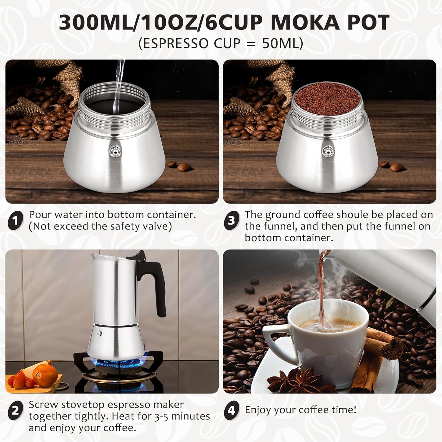 Espresso Maker Stainless Steel Moka Pot, 6 cup Espresso Coffee Pots 300ml/10oz(Espresso Cup=50ml/1.7oz), Italian Coffee Maker for Induction Cookers Hobs, Cafe Maker for Camping Home