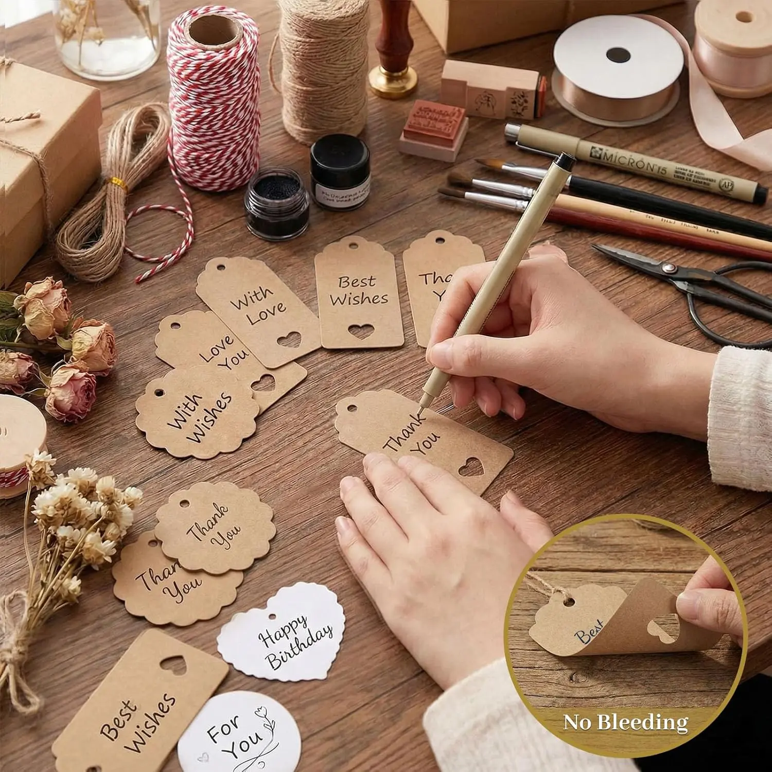 200-Pack Sturdy Cardstock Paper Gift Tags, 300gsm FSC Certified Sustainable Forestry Paper, 3 Rustic Kraft Brown & White Mixed Designs, Rectangle Write-On Blank with Strings, No Bleeding Office Labeling for Wedding, Anniversary Party Favors