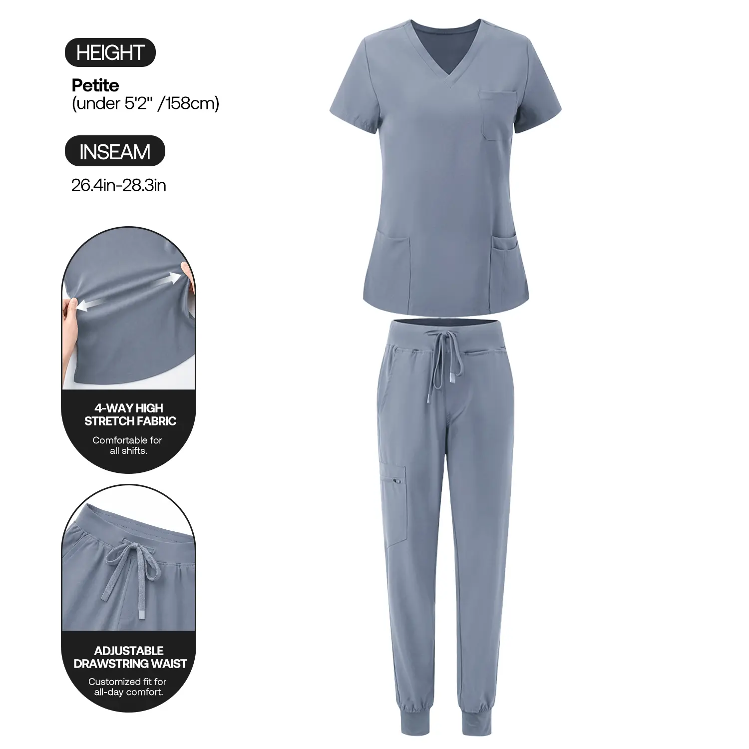 COZYSCRUBS  Women Petite Scrubs Set, Stretch V‑Neck Scrub Top & Jogger Pants with 9 Pockets, Yoga Waistband Water Resistant Slim Fit Medical Work Uniform for Nurses Clinic Long‑Shift Daily Wear, Petite