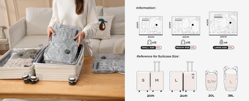 VOLLYC Vacuum Bags with a Rechargeable Cordless Air Pump 15-Pack Vacuum Seal Bags for Travel & Home Storage, Space-Saving Compression Bags for Luggage and Suitcases in Multiple Travel Sizes Organiser