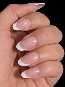 Reusable French Tip Press On Nails – Natural Pink Short Oval Fake Nails with Glue Tabs – Salon Style Manicure