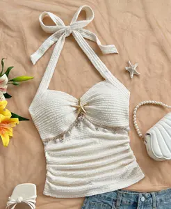 Meghana Women's Vacation Halter Tie Starfish Shell Trim V-Neck Floral Metal Buckle White Knit Textured Fitted Tank Top, Sexy Slim Fit Fashion Top For Party