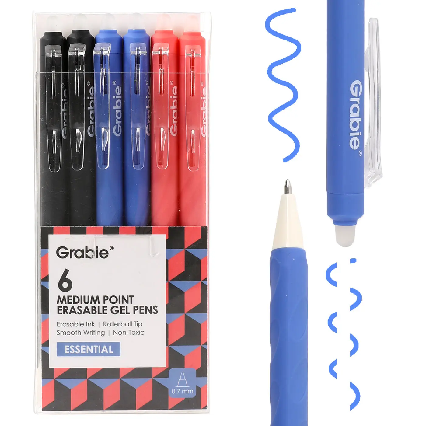 Grabie Medium Point Retractable Gel Pen Set (6-Piece) -Back to School, Essential & Black Colors, Reusable Disappearing Ink Pens, School Supplies, Office Stationery for Computers & Office Equipment, Class Reward Gift Idea, School Supplies