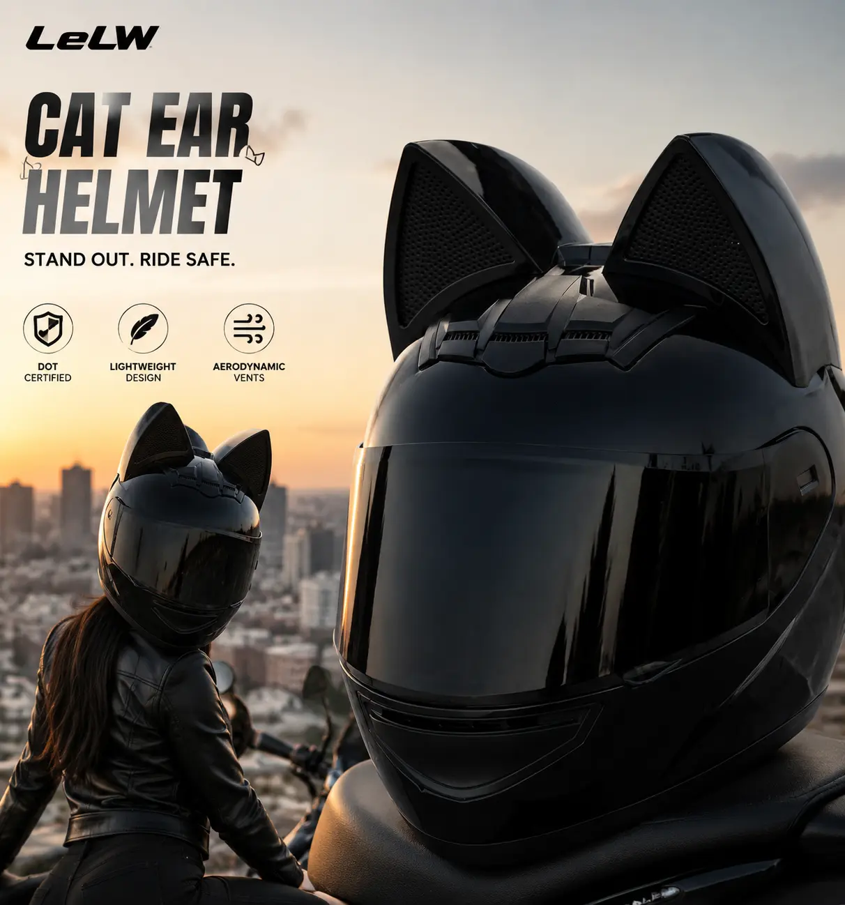 LeLW Cat Ear Motorcycle Helmet – Full Face DOT Certified Helmet for Men & Women, E-Bike & Electric Bike Riders, Bluetooth Ready, Lightweight, Dual Visor, Washable Liner, Adjustable Fit, Free S & L Pads + Helmet Bag